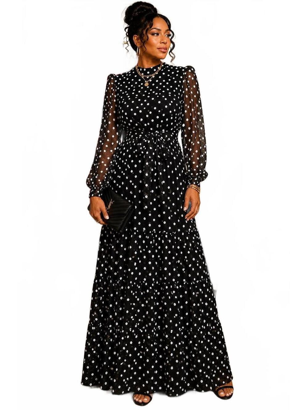 Elegant Black and White Polka Dot Maxi Dress with Sheer Sleeves